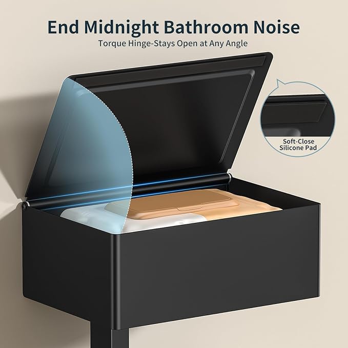 FORIOUS Toilet Paper Holder with Shelf, Sanitary Napkin Receptacle Tampon Holder, Wall Mount Toilet Paper Holder with Storage, Flushable Wipes Dispenser Fits for Bathroom Commercial(Black, 6.5 L) | The smaller, lighter box is not suitable for large wip...
