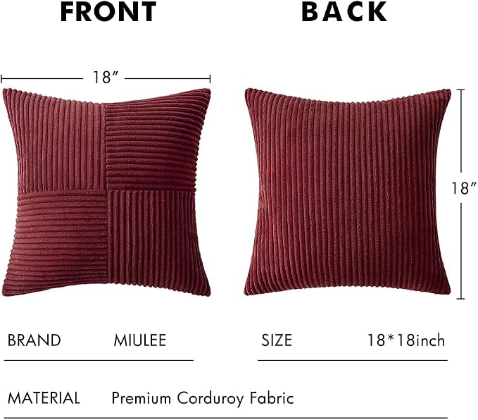 MIULEE Burgundy Decorative Throw Pillow Covers for Couch 18x18 Inch | 2 Pack, Boho Farmhouse Pillow Covers, Soft Cross Corduroy Patchwork Textured Cushion Cases For Bed Sofa