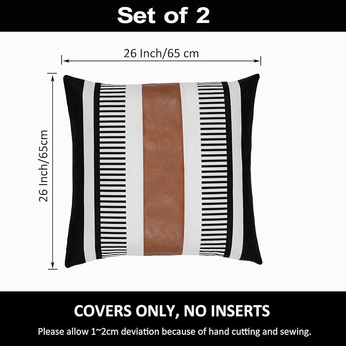 26x26 Boho Striped Pillow Cover with Faux Leather Accent, Black, 2 PC | Geometric printed cotton, vintage brown accent, black white reversible cushion case, farmhouse tribal euro sham bed decor.