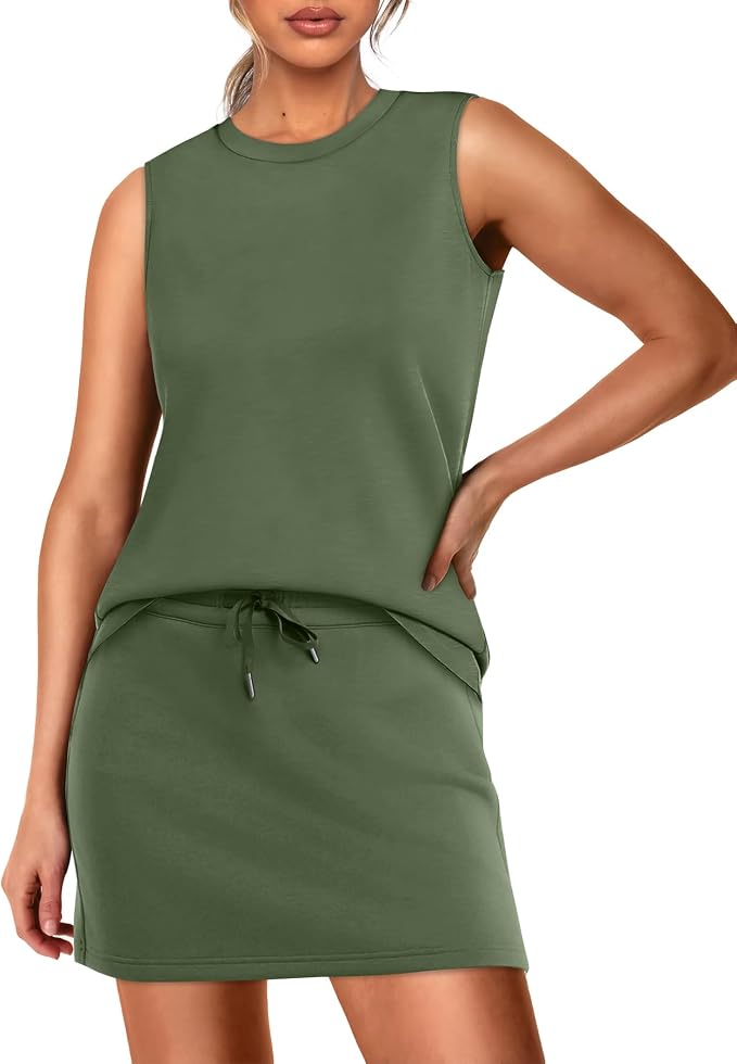 WIHOLL Two Piece Skirt Sets for Women Summer Vacation Outfits Tennis Skirt Crew Neck Top Versatile Lounge Sets