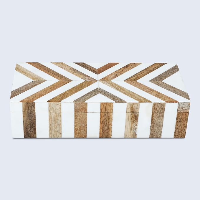 Handicrafts Home White Decorative Storage Box with Lid Wooden Coffee Table Storage Box Decorative Organizer for Living Room Decor – Resin Inlay Marquet Chevron Collection - 10x4.5x2.5