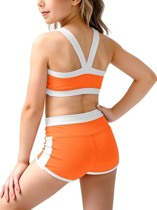 Haloumoning Girls 2 Piece Outfits Athletic Color Block Training Bra and High Waisted Shorts Clothing Sets 5-14Y