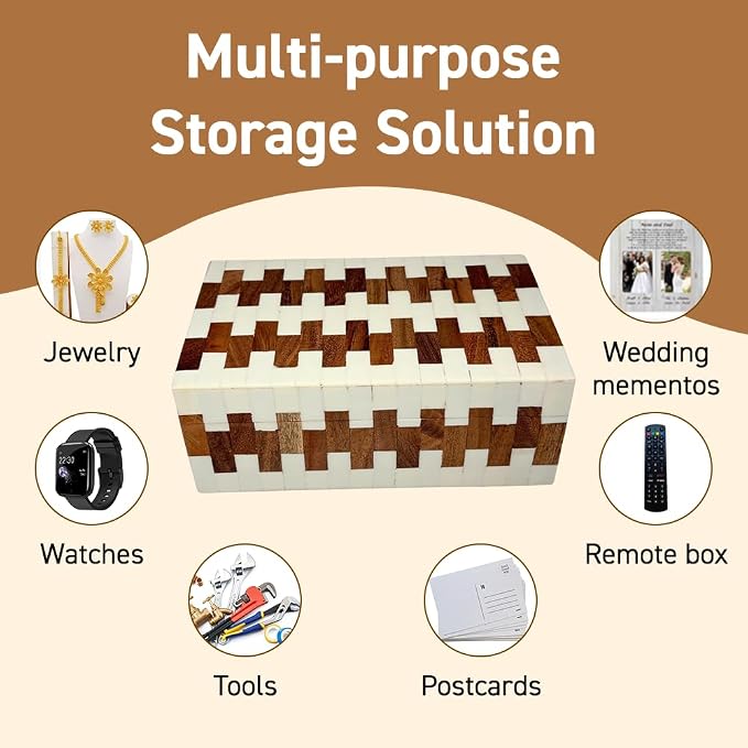 Perilla Home ﻿Home Decor Decorative Storage Wooden Box Small Wooden Organizer Tool Stash Card Craft Trinket Memory Keepsake Jewelry Box for Men and Women, Ticino, Gifts For All, Off White & Brown
