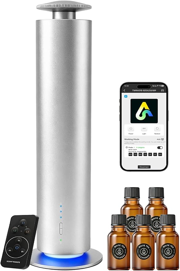 JEKAL Waterless Scent Diffuser Starter Kit with 5 Oils - Smart APP Cold Air Scent Machine, Up to 2000 Sq Ft for Homes Offices Hotels Spas - Quiet Essential Oil Diffuser 8H Battery 3-Color Light,Sliver