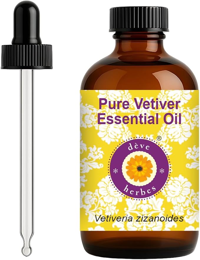 Deve Herbes Pure Vetiver Essential Oil (Vetiveria zizanoides) with Glass Dropper Steam Distilled 120ml (4 oz)