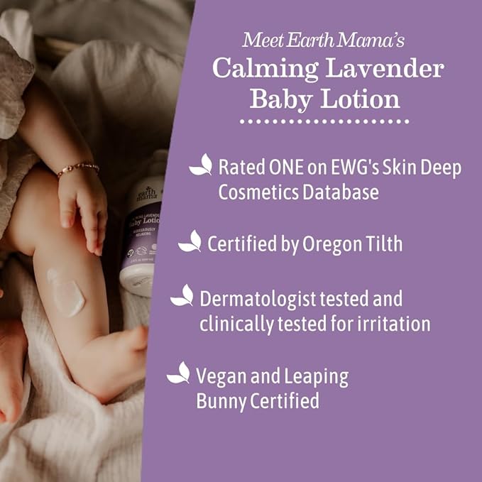 Earth Mama Calming Lavender Baby Lotion for Dry Skin, Calendula Cream for Newborn Skin Care, Children's Moisturizer, Aloe Juice, Rooibos, & Shea Butter, Lavender Lotion, 8 Fl Oz (2Pk)
