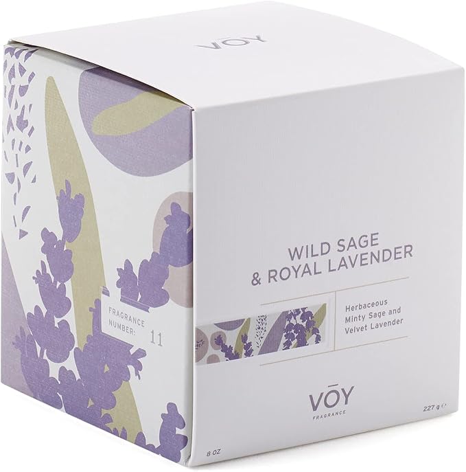 VOY Scented Candle, Herbaceous Minty Wild Sage & Royal Lavender Scent, 55 Hour Burn Time, Blended Soy Candle, High-Fragrance Load, 8 oz Jar Candle, Aromatherapy Candle with Sustainable Gift Packaging