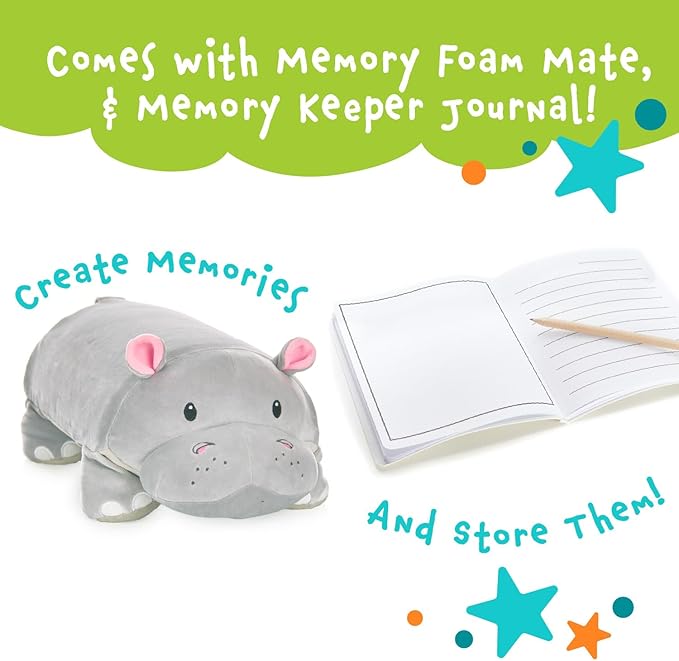 Cuddly Memory Foam Pillow Plush with Belly Pocket, Kids Pillow for Hugging Sleeping & Storing Diary, 15” Stuffed Animal & Journal Set - Gloria The Hippo