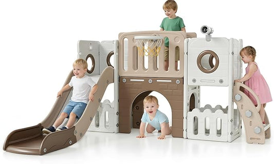 Arlopu 9 in 1 Toddler Slide Set, Kids Large Climber Slide Playset w/Long Slope, Telescope, Storage Space, Enclosed Steps, Indoor Outdoor Playground (Beige & Brown)