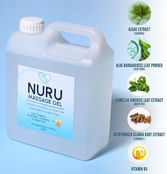 Nuru Massage Gel 33.8 fl oz Rectangle | Massage Oil Alternative | Organic Aloe Vera, Seaweed, Green Tea, Licorice & Vitamin B5 | Water Based | Paraben & Glycerin Free | Body-to-Body Formula
