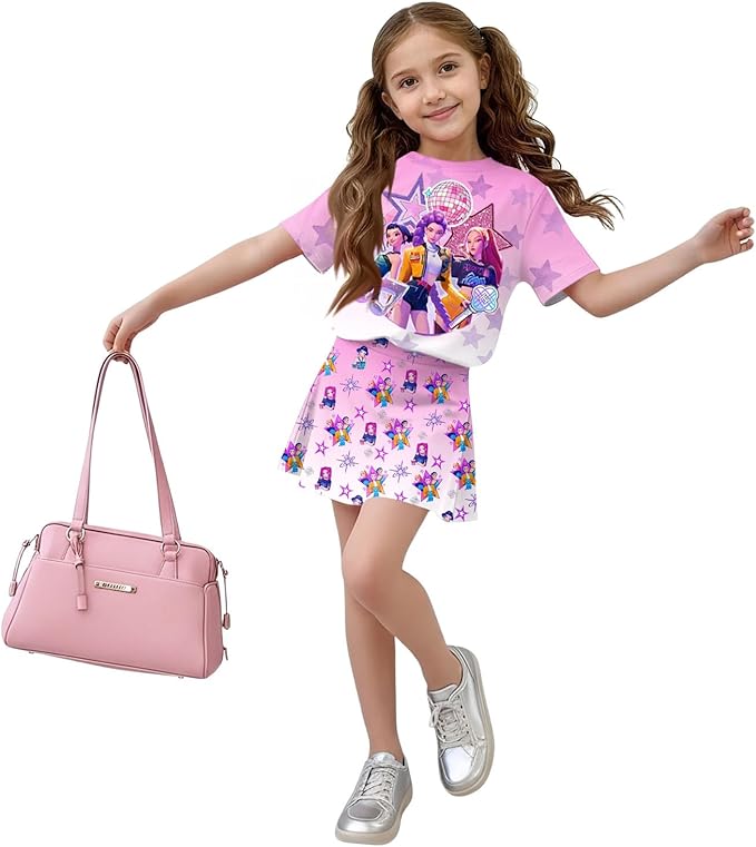 Girls 2-Piece Anime Outfit Set, Short Sleeve Graphic T-Shirt and Printed Skirt Set