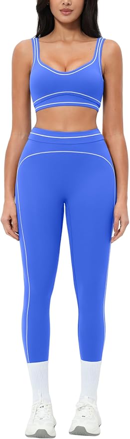 Women 2 Piece Workout U Back Color Block Sports Bra High Waist Tummy Control Active Leggings Yoga Pilates Outfits