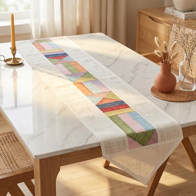 Korean Bojagi Table Runner, Ramie Patchwork Dining Decor, White, 79 x 12 in | Ramie Korean Table Runner with Bojagi Patchwork for 4-Seat Dining Tables