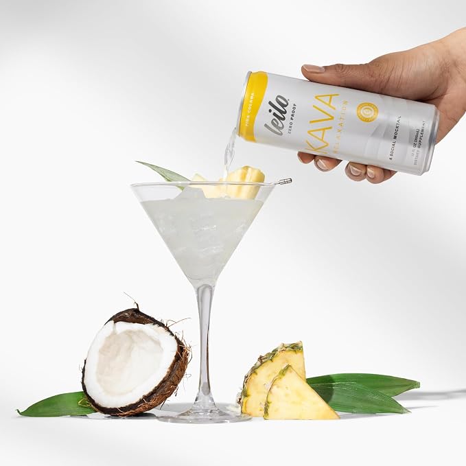 Leilo | Kava Powered Pina Colada Mocktail Drink | Sugar-Free & Non-Alc Functional Relaxation Support | 12 fl oz Cans (Pack of 12)