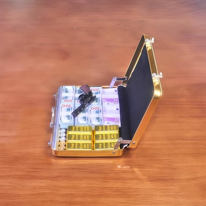 1:6 Scale Miniature Briefcase Set - Includes Fake Gold Bars, Bundles of $100 Mini Dollar Bills, Vintage Coins and Mini Weapons - Unique Adult NoveltyToy & Dollhouse Accessories (Golden)