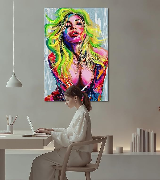 Yeesjoee Female Graffiti Canvas Print Wall Art Woman Abstract Portrait Poster Sexy Painting Modern Colorful Design Artwork Decor for Living Room Bedroom College Dorm Decorations, 28x44 in Framed