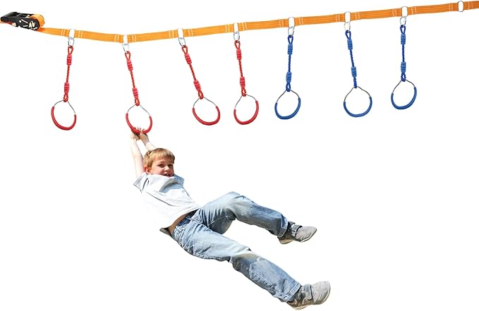 Ninja Ring Backyard Gymnastic Fitness Fist Outdoor Jungle Gym Play Set Playground Training Equipment, 2 Blue Swing Monkey Bar Hang Climbing Ring Warrior Obstacle Course Trapeze Slackline Attachments