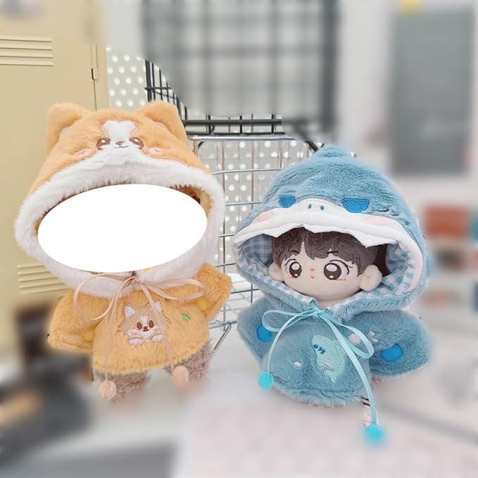niannyyhouse 10cm-15cm Plush Doll Clothes Shark Puppy Bunny Cape Compatible with 17cm Labubu Doll (Blue)