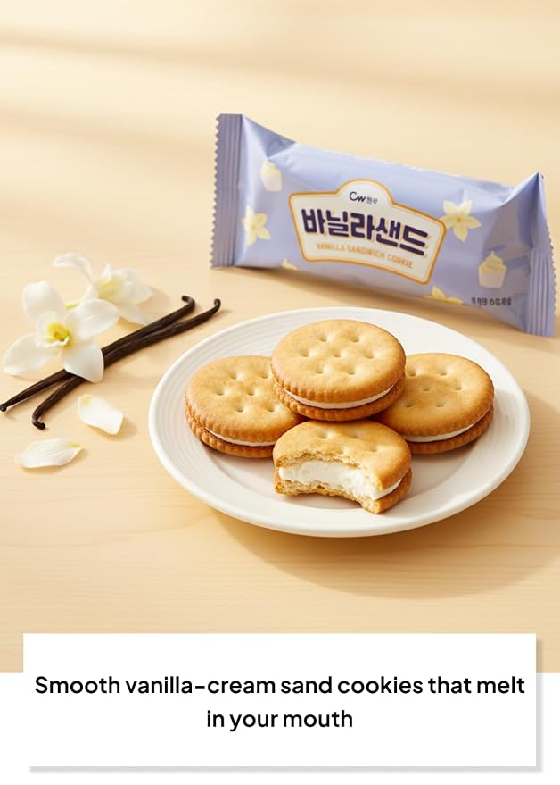 Korean Food CW Vanilla Sandwich Cookies Sweet Vanilla Cream 12 Packs 360g | Crispy sandwich cookies filled with sweet vanilla cream. Family pack includes 12 individual snack packs, 360g total.