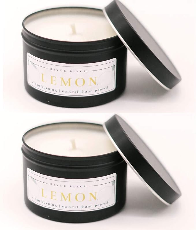 River Birch Premium Lemon Scented Soy Candles - 2-Pack, Two 8 oz. Black Matte Tin Travel Candles