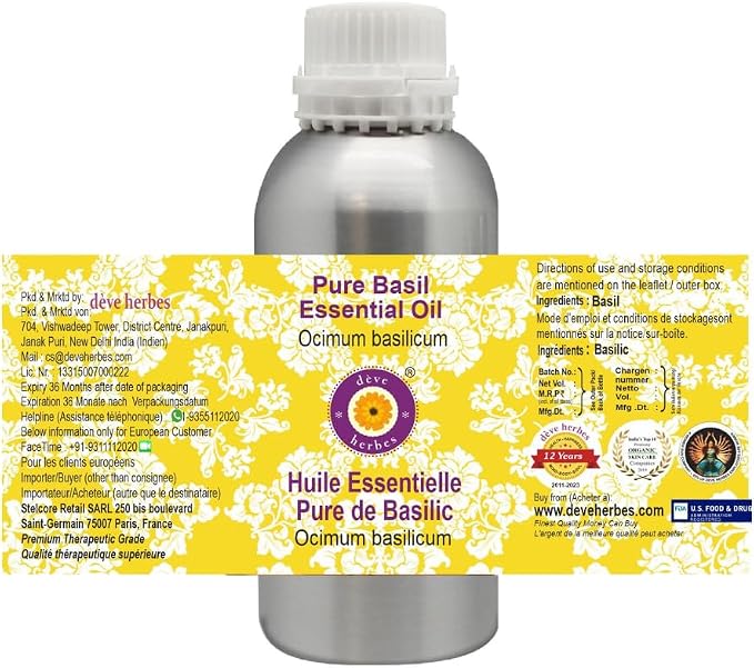 Deve Herbes Pure Basil Essential Oil (Ocimum basilicum) Steam Distilled 630ml (21 oz)