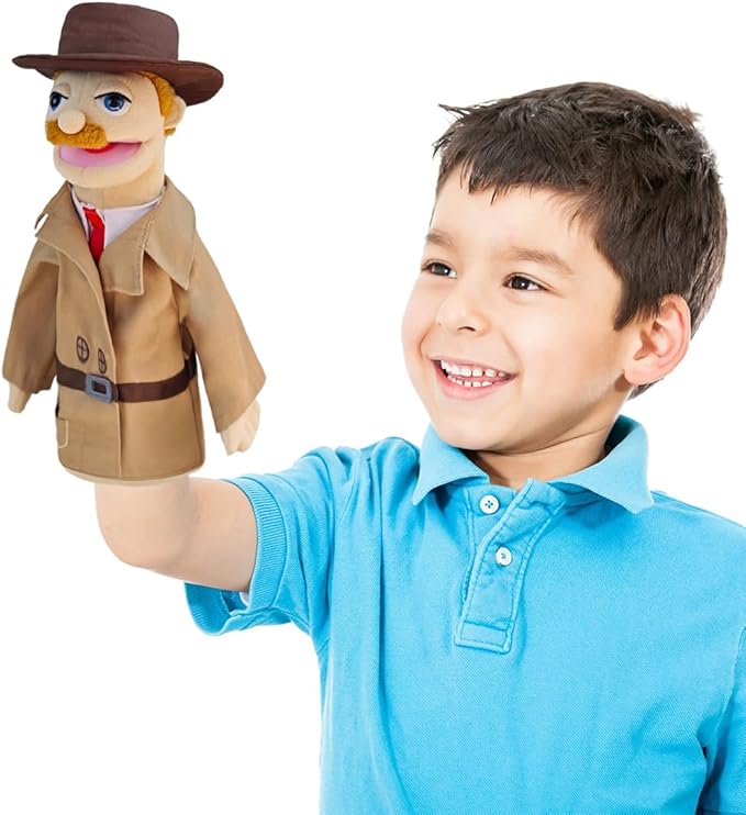 Professional Hand Puppets,2pcs Detective Puppet and Teacher Hand Puppet for Kids Role Play,Teaching Puppet Stuffed Toys Character Puppets with Movable Mouth（01-Detective&Teacher）
