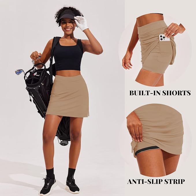 Ekouaer 16" Skorts for Women with Pockets Golf Pickleball Tennis Skirt | Silicone Grippers,2 Inner Pockets,Wide Waist,Side Slit Hem,Breathable,Soft,Lightweight