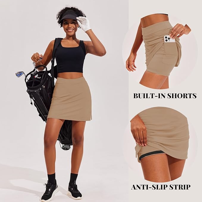 Ekouaer 16" Skorts for Women with Pockets Golf Pickleball Tennis Skirt | Silicone Grippers,2 Inner Pockets,Wide Waist,Side Slit Hem,Breathable,Soft,Lightweight