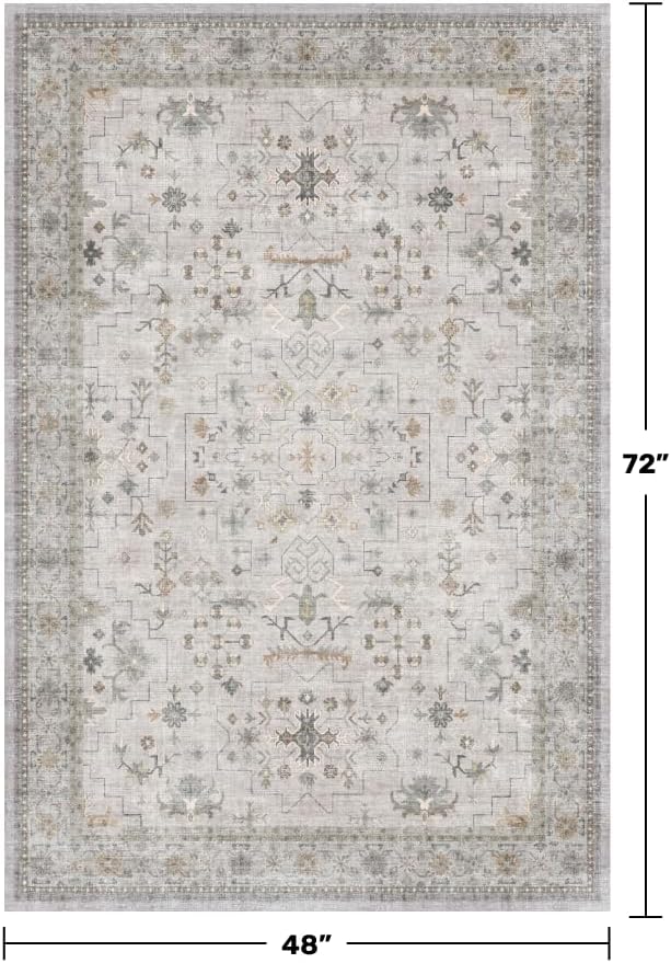 Hazo Haus Washable Boho 4x6 Living Room Rug - Light Gray & Sage Area Rug for Kitchen, Mudroom, Bedroom Beside Bed, Office, Modern Vintage Eclectic Geometric Floral, Low Pile & Fade Resistant