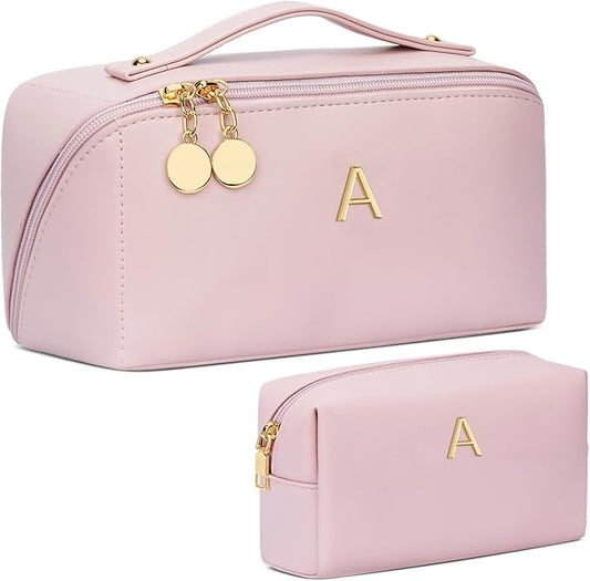 Birthday Gifts for Women Teen Girl, Personalized Initial Makeup Organizer Bag Set, Open Flat Travel Cosmetic Bag With Clear Divider and Handle(Pink,A)