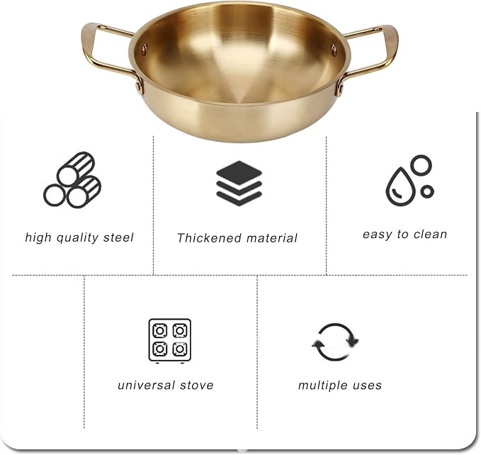 Ramen Pot, Stainless Steel Gold Noodles Pot with Double Handle for Pasta Soup, Korean Cooking Pot for Home Kitchen (Inner diameter 20cm)