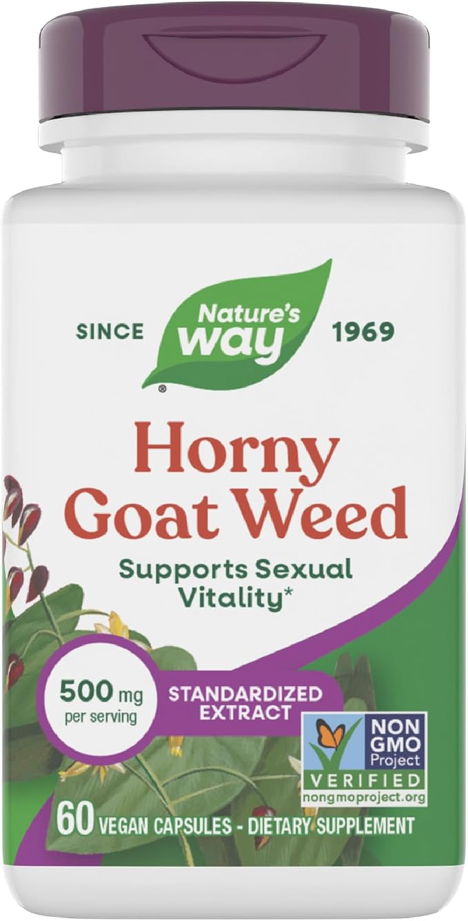 Nature's Way Horny Goat Weed, Standardized Extract, Supports Sexual Vitality*, 500 mg per Serving, Non-GMO Project Verified, 60 Vegan Capsules (Packaging May Vary)