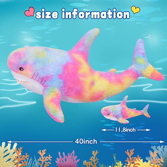 Giant Shark Stuffed Animals Plush, Large Shark Plush Pillow with 4 Little Sharks, 100cm/39.4inches Colorful Sharks Plush Toy Gifts for Kids(Pink)