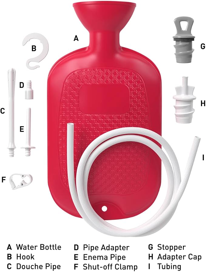 Flents Douche and Enema Combination Kit for Men and Women, Large Capacity, Multipurpose Cleaning System for Personal Hygiene, Colon Detox Cleanse, Made with Comfortable Material, Red (1.66 L)