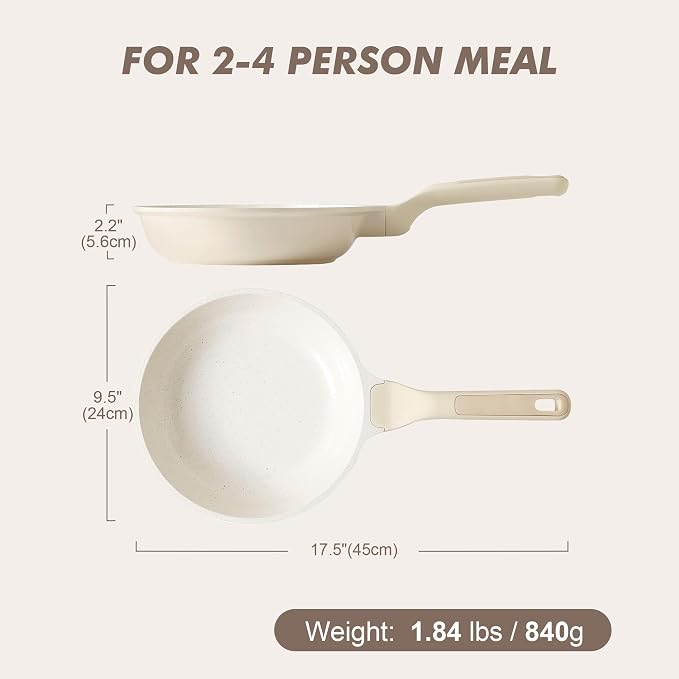 SENSARTE Ceramic Frying Pan Nonstick 9.5-Inch, Healthy Non Toxic Skillet, Induction Compatible Omelet Pan with Heat Resistant Handle, PFAS-Free, Cream White