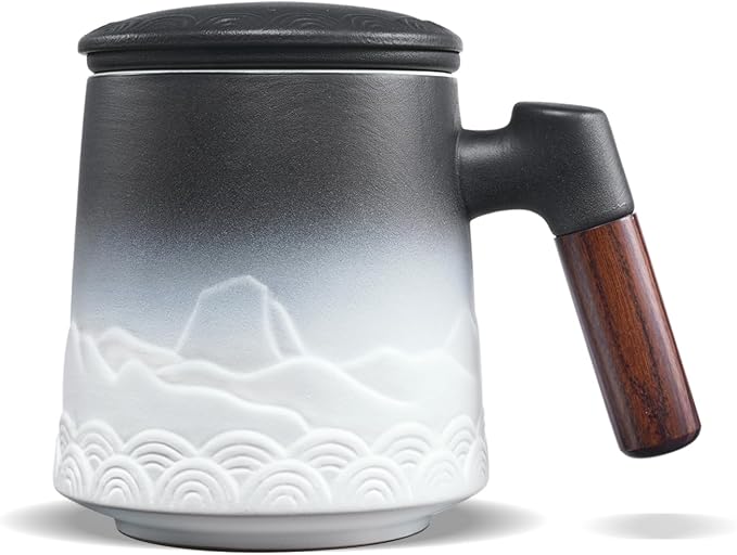 ZENS Tea Mug with Infuser and Lid for Loose Leaf Tea Steeper, 16.9oz Embossed Ceramic Tea Cup with Fine Strainers, Wood Handle Large Diffusers Mugs for Tea Lovers Gifts