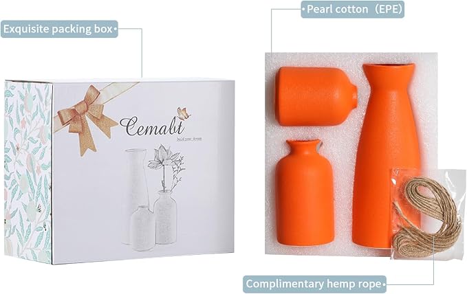 CEMABT Ceramic Orange Vases Set of 3 Small Flower Vases for Decor, Modern Rustic Farmhouse Home Decor, Decorative Vases for Pampas Grass,Idea Shelf,Table,Bookshelf,Entryway- Distressed Decor