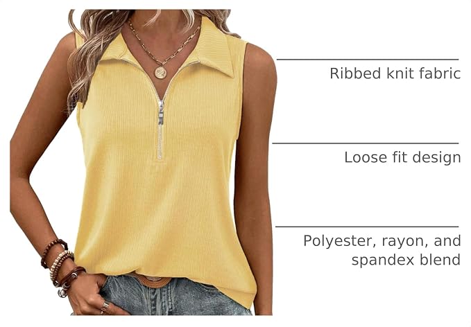 Vivilli Womens Ribbed Tank Top Zipper V Neck Dressy Casual Blouses Sleeveless Camisole Tops Work Tank Polo Shirts
