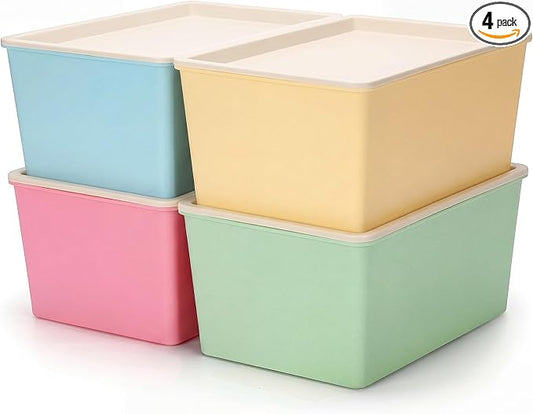 4 Pcs Storage Bins with Lids Plastic Stackable Containers for Classroom Room Organizing Shelves Christmas Ornament Box Baskets(Red, Green, Yellow, Blue,Small)
