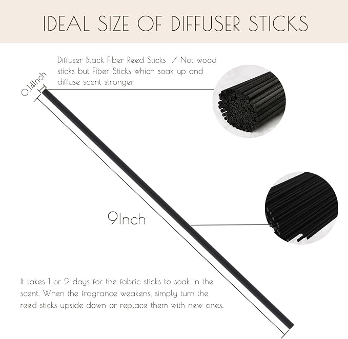 HOSSIAN Reed Diffuser Sticks, Natural Rattan Wood Sticks Essential Oil Aroma Diffuser Sticks Refill Replacement for Aroma Fragrance （9Inch* 3.5mm Black Fibre100PCS
