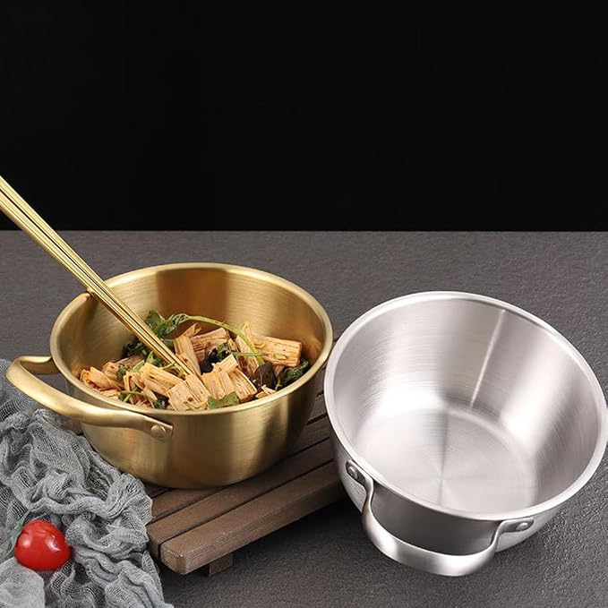 DECHOUS 1Pc Stainless Steel Instant Noodles Bowl 10 Inch Golden Korean Style Noodle Pot with Handle for Cooking Gas Induction Electric Stoves, Ideal for Soups and Ramen