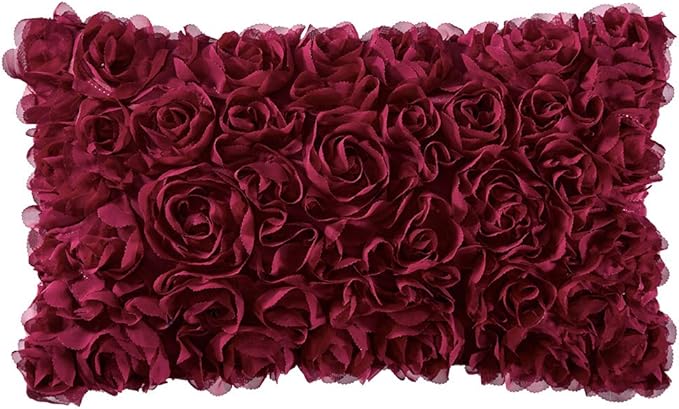 MIULEE Decorative Rose Flower Pillow Cover Pack of 1 Wine Red 12x20 Inch | Cute Romantic Stereo Chiffon Throw Pillow Cover Aesthetic Solid Pillowcase for Girl Coquette Room Decor Coach Bedroom