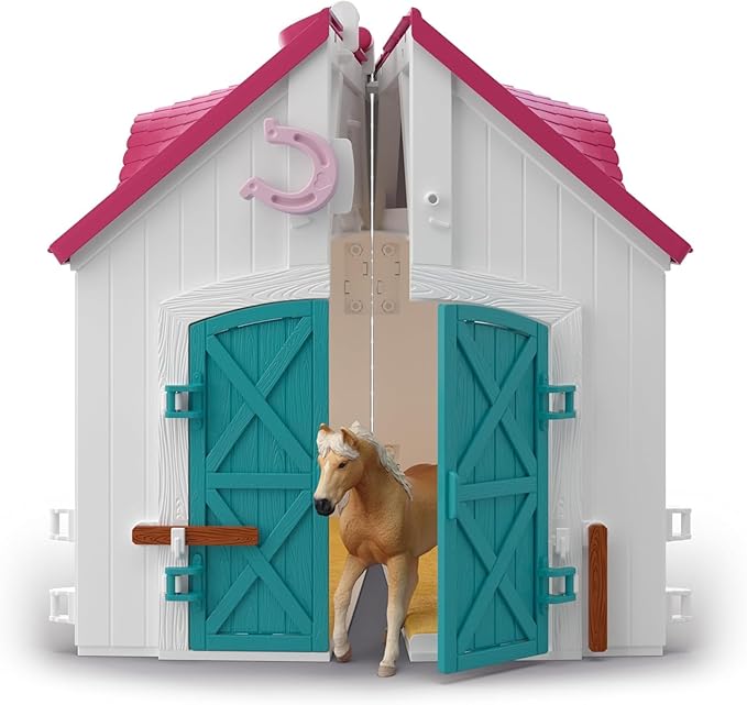 Schleich Horse Club - 60PC Little Horseshoe Open Stable Playset - Easy Carry Set with 2 Horse Figurines, Action Figure, Stable and Accessories - Toy Horses for Girls and Boys - Kids Ages 4+ | 42703