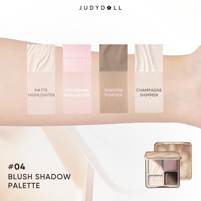 JUDYDOLL Highlight & Contour Palette, All-in-One Matte Highlighter Contour Compact, Natual Finish, Ultra-fine Powder, Easy to Apply, Blendable Face Makeup for All Skin Tones (04 Blush Shadow Palette)
