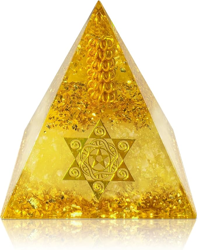 Healing Crystals Orgone Pyramid (Hexagram - Star of David) - Energy Generator for Positive Vibe, Stress Relief & Chakra Reiki Meditation - Spiritual Gift for Success, Wealth & Prosperity (Golden)