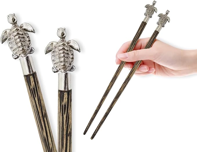 Wooden Chopsticks 9⅞" Coconut Palm Wood Chopstick With Metal Sea Turtle Top Eating Utensils Oriental Cutlery Asian Tableware Decorative Dinnerware to Serve Chinese Japanese Korean Food