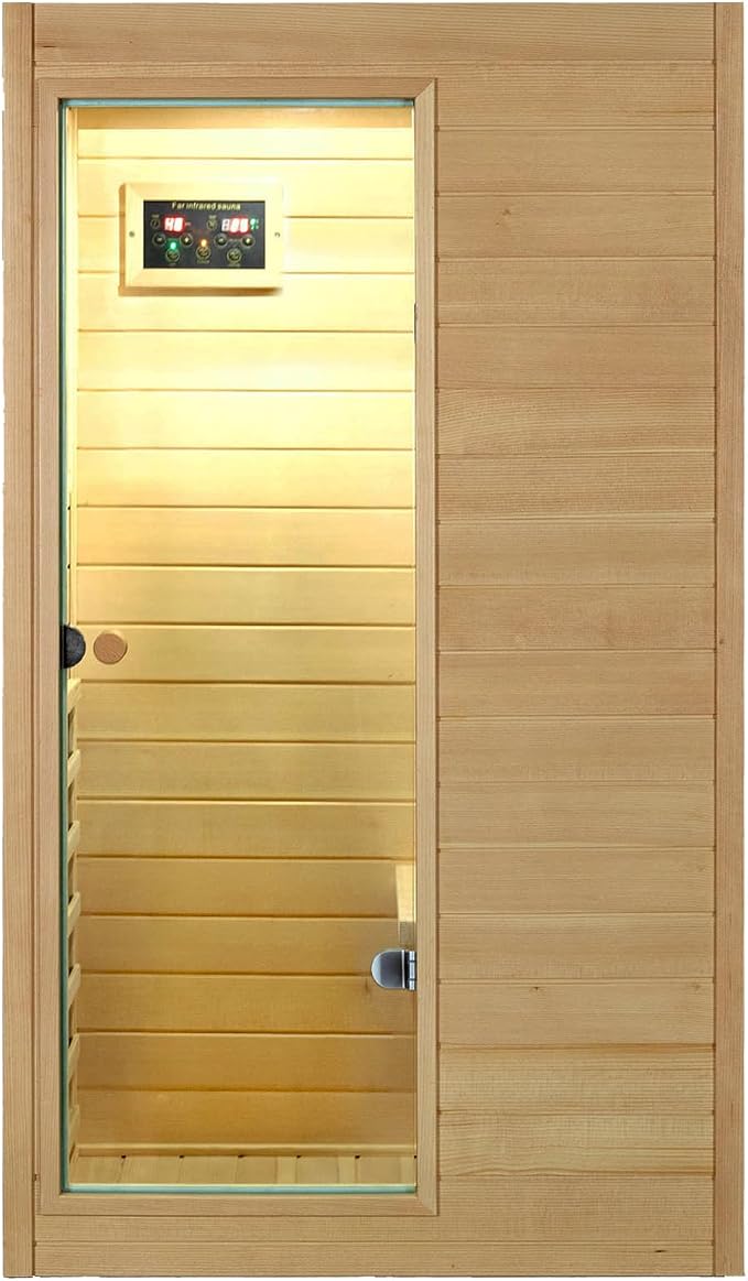 Kanlanth 1 Person Far Infrared Sauna - Low EMF Mini Indoor Wood Sauna, Compact Home Spa for Small Spaces, Bluetooth Speakers, LED Reading Light, 120V/950W, 36.6"x 29.3"x 63"