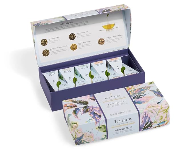 Tea Forte Premium Petite Presentation Box Gift Set Sampler, 10 Count, 2 of Each Blend Individually Wrapped Handcrafted Pyramid Infuser Bags, Demoiselle Tea