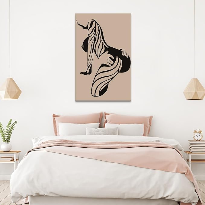 Yeesjoee Large Minimalist Female Line Abstract Wall Art Girl Silhouette, Nude Woman Body Canvas Print, Black & Beige Sexy Picture Painting for Home Living Room Modern Bedroom Decor, 28x44 in Framed