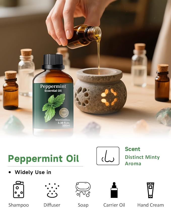 Peppermint Essential Oil, Minty Scent, Diffuser, Outdoor & DIY, 3.38 Fl Oz | Mumianhua Peppermint Oil. Fresh, Cooling Scent. For Focus, Outdoor, Scalp & Skin. DIY Cleaning & Diffusion